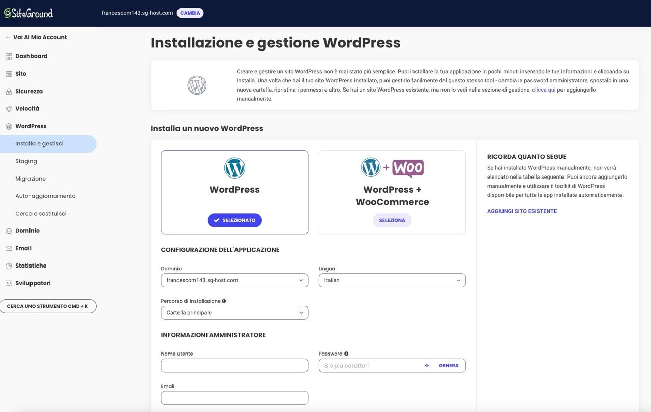 Siteground, installazione WordPress