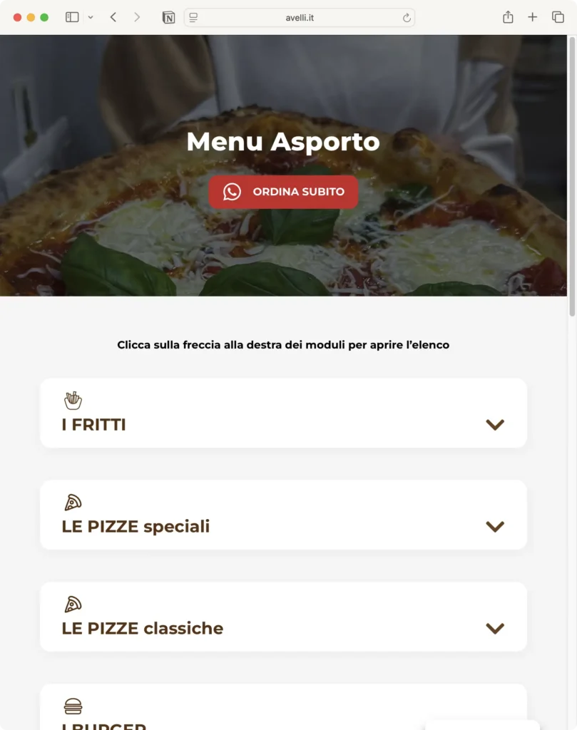 Screen del Menu da Asporto di Avelli Pizzeria