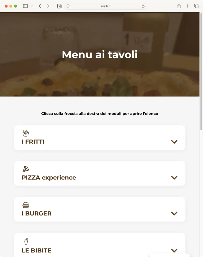 Screen del Menu ai tavoli di Avelli Pizzeria