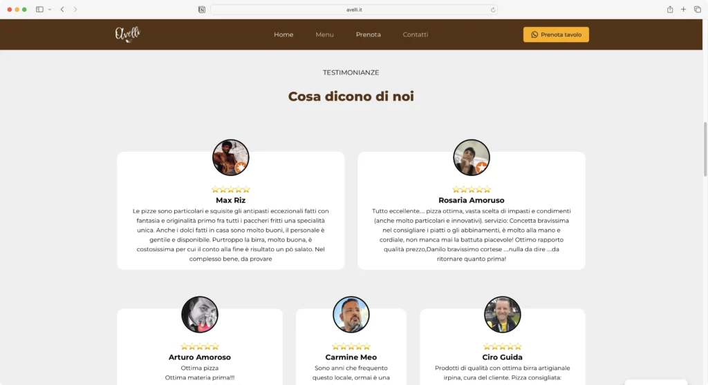 Screen delle testimonianze presenti sul sito Avelli Pizzeria