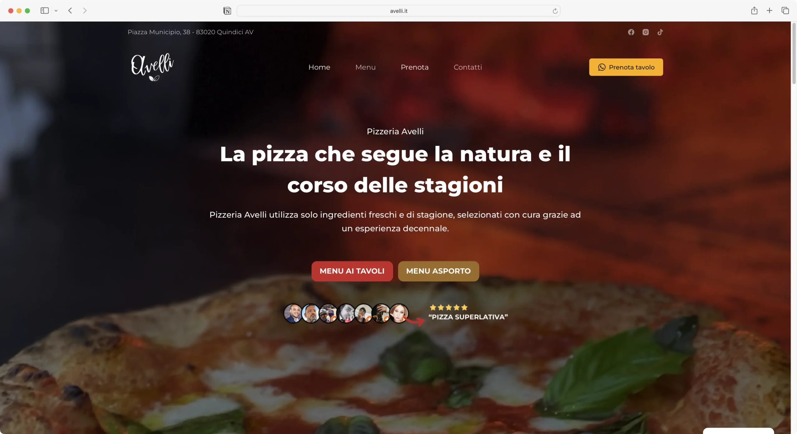Screen della homepage del sito Avelli Pizzeria