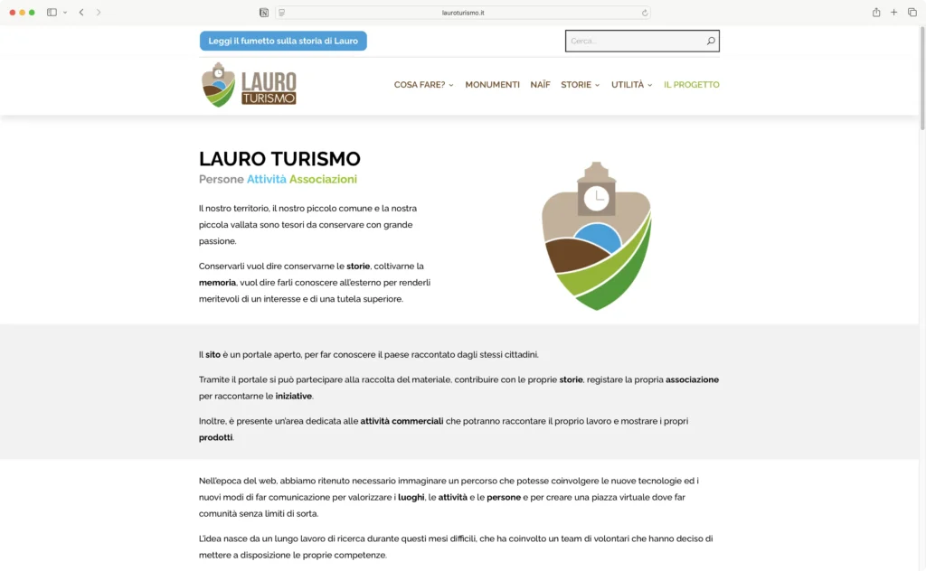 Screen della sezione "Il Progetto" del sito Lauro Turismo