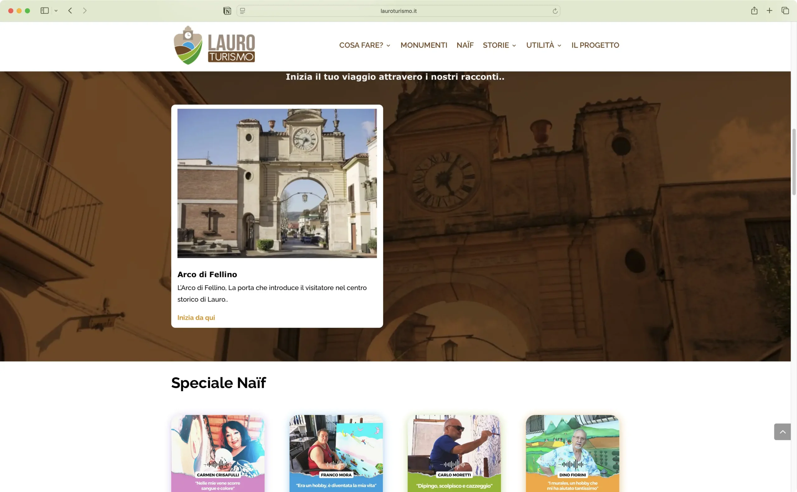 Screen di una sezione della homepage del sito Lauro Turismo