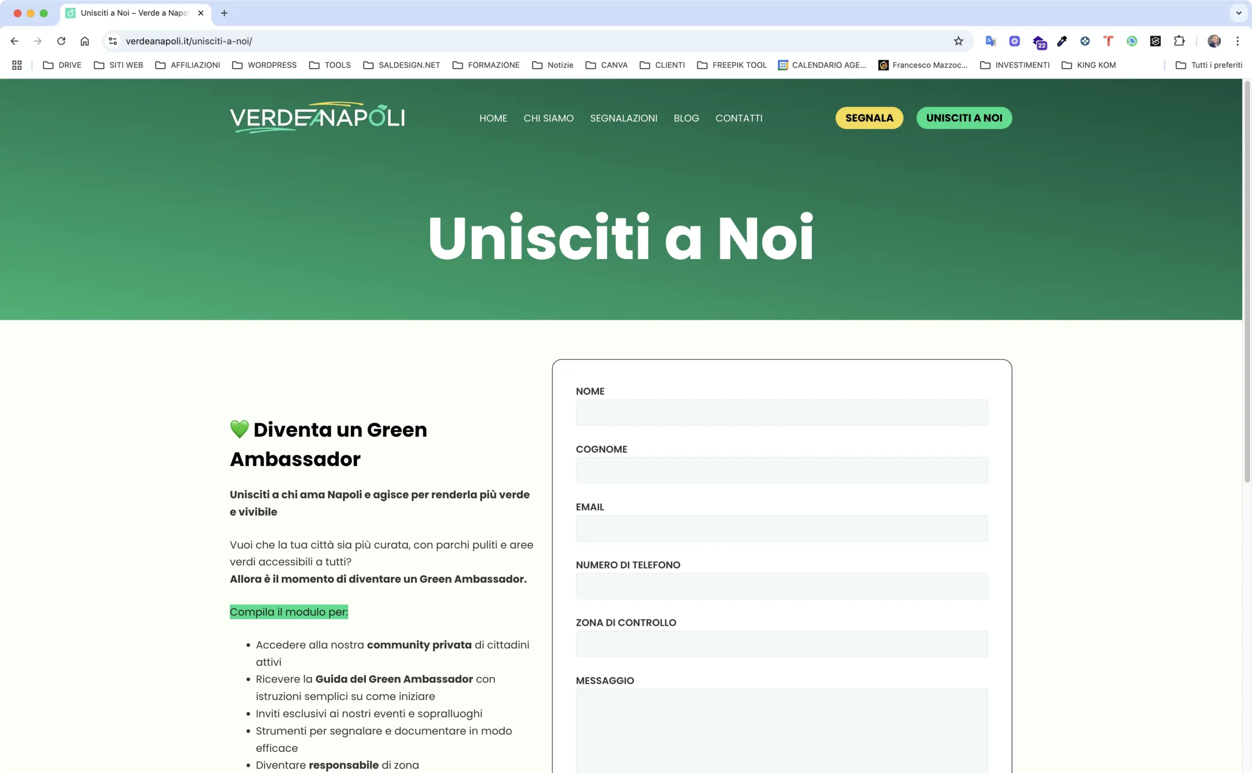 Screen della pagina "Unisciti a Noi" del sito Verde a Napoli
