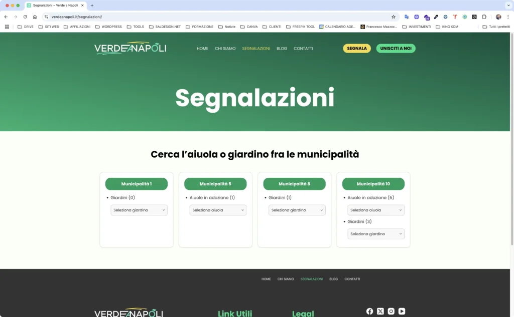 Screen della pagina "Segnalazioni" del sito Verde a Napoli dove si mostrano tutte le municipalità di Napoli.
