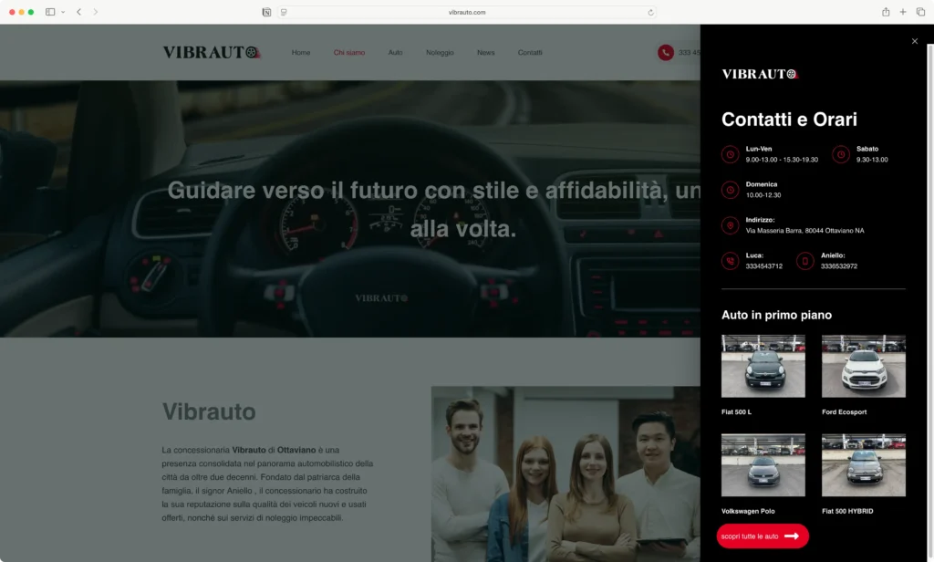 Sezione chi siamo del sito Vibrauto con menu laterale che mostra orari e contatti e le auto in primo piano